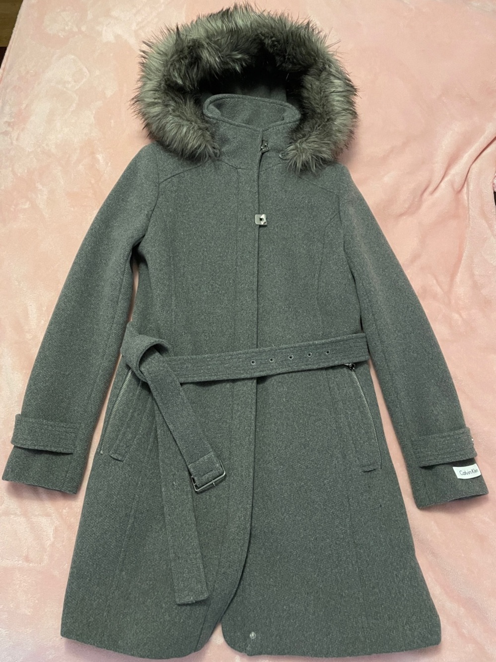 Calvin Klein Charcoal Gray Hooded Wool Coat with Faux Fur Trim Small NWOT